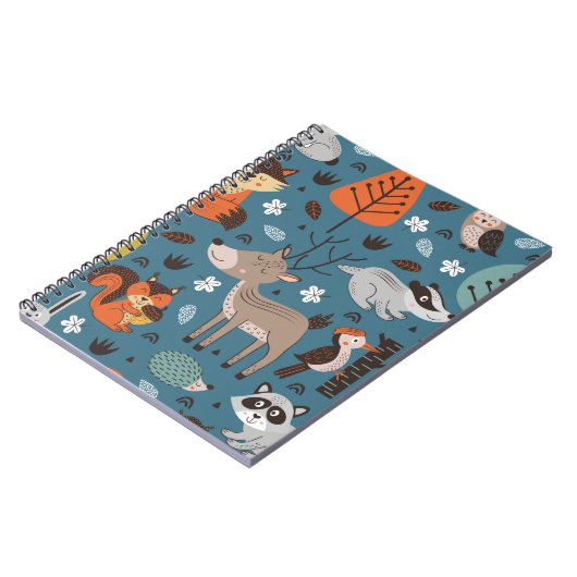 青い背中に森林動物とシームレスな模様 ノートブック (左側)
