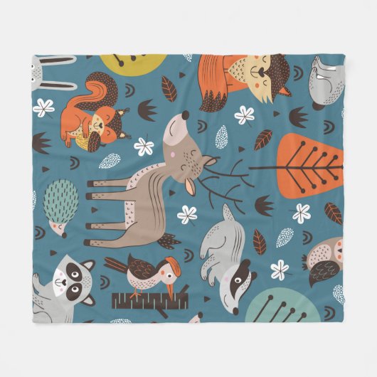 青い背中に森林動物とシームレスな模様 フリースブランケット (正面(横))