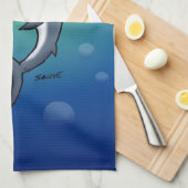 青い背景おもしろいに微笑むサメ キッチンタオル (四つ折り)