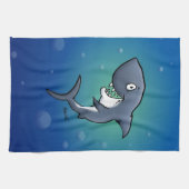 青い背景おもしろいに微笑むサメ キッチンタオル (横)