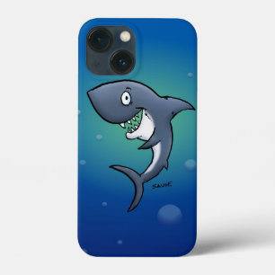 青い背景おもしろいに微笑むサメ iPhone 13 MINIケース