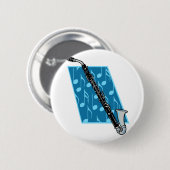 青い背景および音楽ノートが付いているバスクラリネット 缶バッジ (正面&裏面)