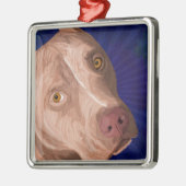 青い背景が付いている赤い鼻のピット・ブル メタルオーナメント (左)