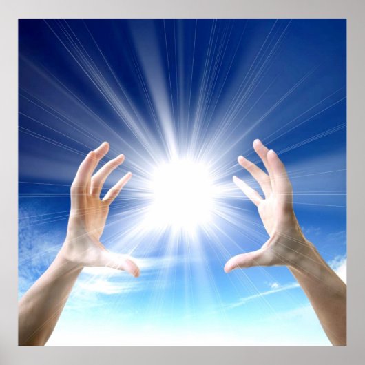 青い背景で手を癒す,霊気,チャクラ ポスター (正面)
