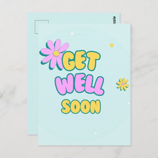 青い背景と花の「お見舞いメッセージ」 ポストカード (正面/裏面)