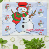 青い背景と雪の結晶の雪の男 キッチンタオル (折り畳み)