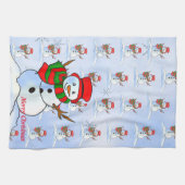 青い背景と雪の結晶の雪の男 キッチンタオル (横)