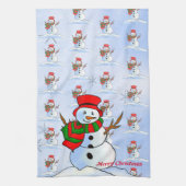 青い背景と雪の結晶の雪の男 キッチンタオル (縦)