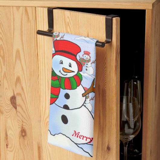 青い背景と雪の結晶の雪の男 キッチンタオル (三つ折り)