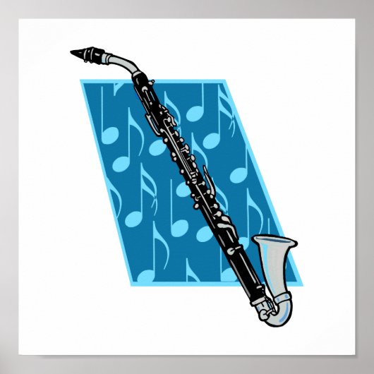 青い背景と音楽ノート付きBass Clarinet ポスター (正面)