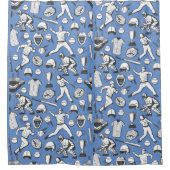 青い背景にこうもりボールをかぶる野球選手 シャワーカーテン (正面)