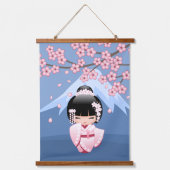 青い背景にこけし人形と山とピンクの着物 吊り下げ型タペストリー (正面)