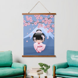 青い背景にこけし人形と山とピンクの着物 吊り下げ型タペストリー