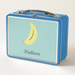 青い背景にカスタム名を手描きしたバナナ メタルランチボックス