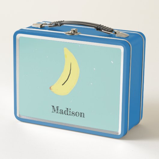 青い背景にカスタム名を手描きしたバナナ メタルランチボックス (正面)