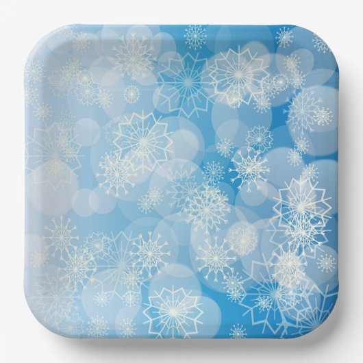青い背景にクリスマスの雪 ペーパープレート (正面)