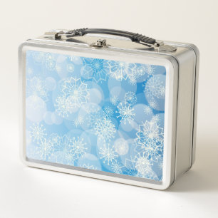 青い背景にクリスマスの雪 メタルランチボックス
