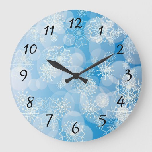 青い背景にクリスマスの雪 ラージ壁時計 (正面)