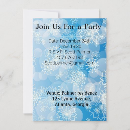 青い背景にクリスマスの雪 招待状 (正面)
