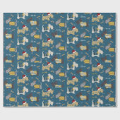 青い背景にクリスマス帽子のテリア犬 ラッピングペーパー (フラット)