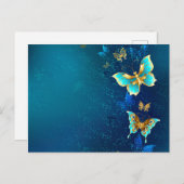 青い背景にチョウが黄金色に インビテーションポストカード (正面/裏面)
