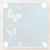 青い背景にチョウが黄金色に ガラスコースター (裏面)