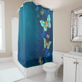 青い背景にチョウが黄金色に シャワーカーテン (インサイチュ)
