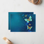 青い背景にチョウが黄金色に ノートカード (正面/裏面インサイチュ)