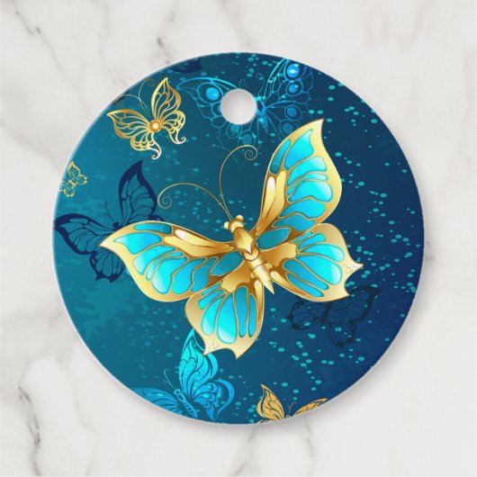 青い背景にチョウが黄金色に フェイバータグ (正面)