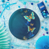 青い背景にチョウが黄金色に ペーパープレート (パーティー)