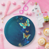 青い背景にチョウが黄金色に ペーパープレート (パーティー)