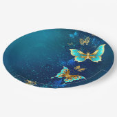 青い背景にチョウが黄金色に ペーパープレート (アングル)