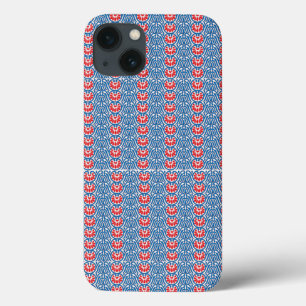 青い背景にデザインが赤と白ある iPhone 13ケース
