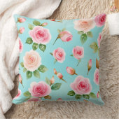 青い背景にピンクのバラ クッション (ブランケット)