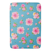 青い背景にピンクのバラ バスマット (正面縦)