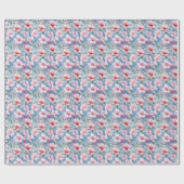 青い背景にピンクの花が咲く ラッピングペーパー (フラット)