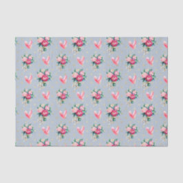 青い背景にピンクの花とハート 薄葉紙