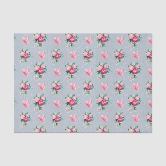 青い背景にピンクの花とハート 薄葉紙 (正面)