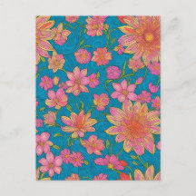 青い背景にピンクの花のパターン