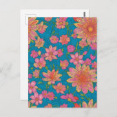 青い背景にピンクの花のパターン ポストカード (正面/裏面)