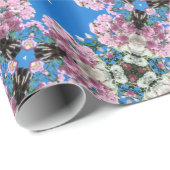 青い背景にピンク色の花を包む紙 ラッピングペーパー (ロールコーナー)