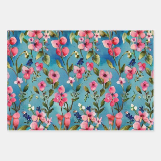 青い背景にピンク色の野生の花 ラッピングペーパーシート (正面)