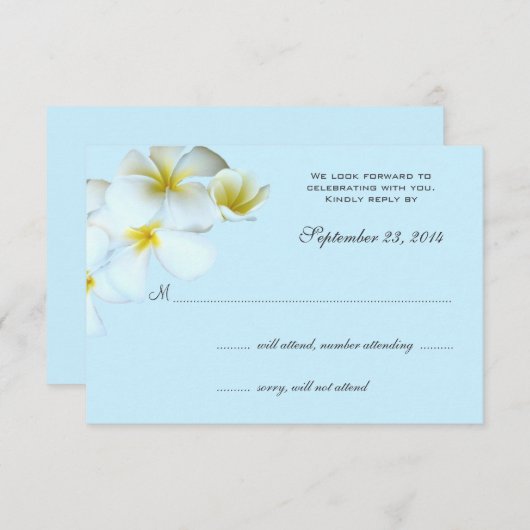 青い背景にプルメリアの結婚式招待状返信カード 出欠カード (正面/裏面)