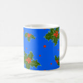 青い背景にホリー(Ilex)クリスマスモチーフ コーヒーマグカップ (正面右)