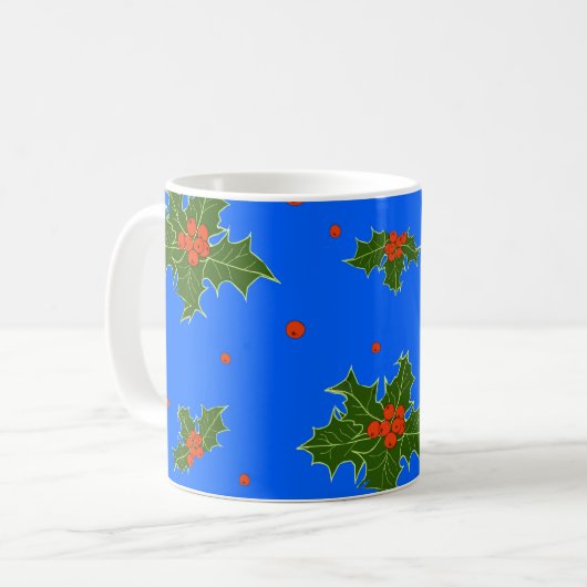 青い背景にホリー(Ilex)クリスマスモチーフ コーヒーマグカップ (正面左)