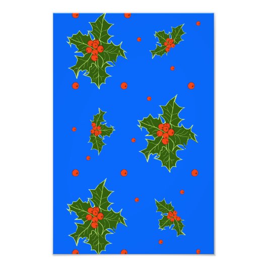 青い背景にホリー(Ilex)クリスマスモチーフ フォトプリント (正面)