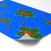 青い背景にホリー(Ilex)クリスマスモチーフ ポスター (角)