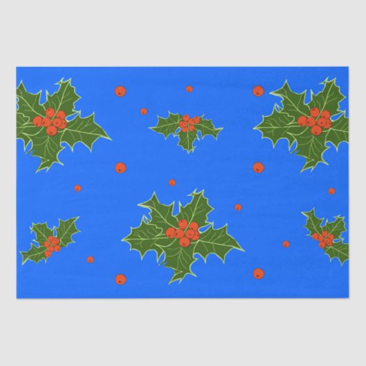 青い背景にホリー(Ilex)クリスマスモチーフ 薄葉紙 (正面)