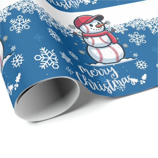 青い背景にボールが付いた野球のクリスマス ラッピングペーパー (ロールコーナー)