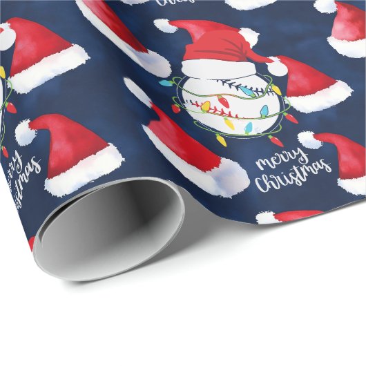 青い背景にボールが付いた野球のクリスマス ラッピングペーパー (ロールコーナー)